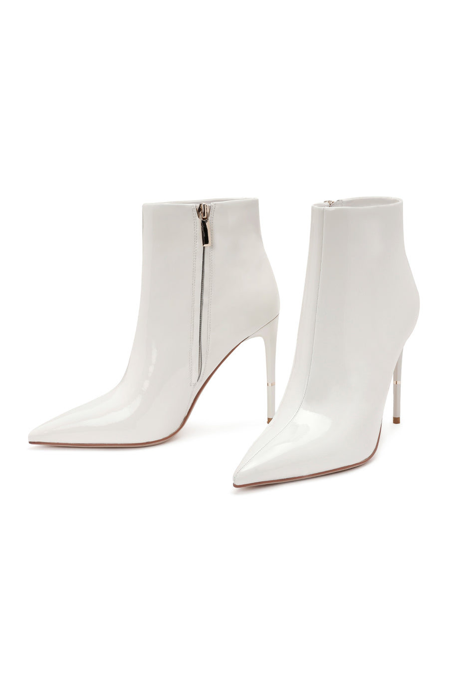Women's White Zippered Thin Heel Patent Leather Boots