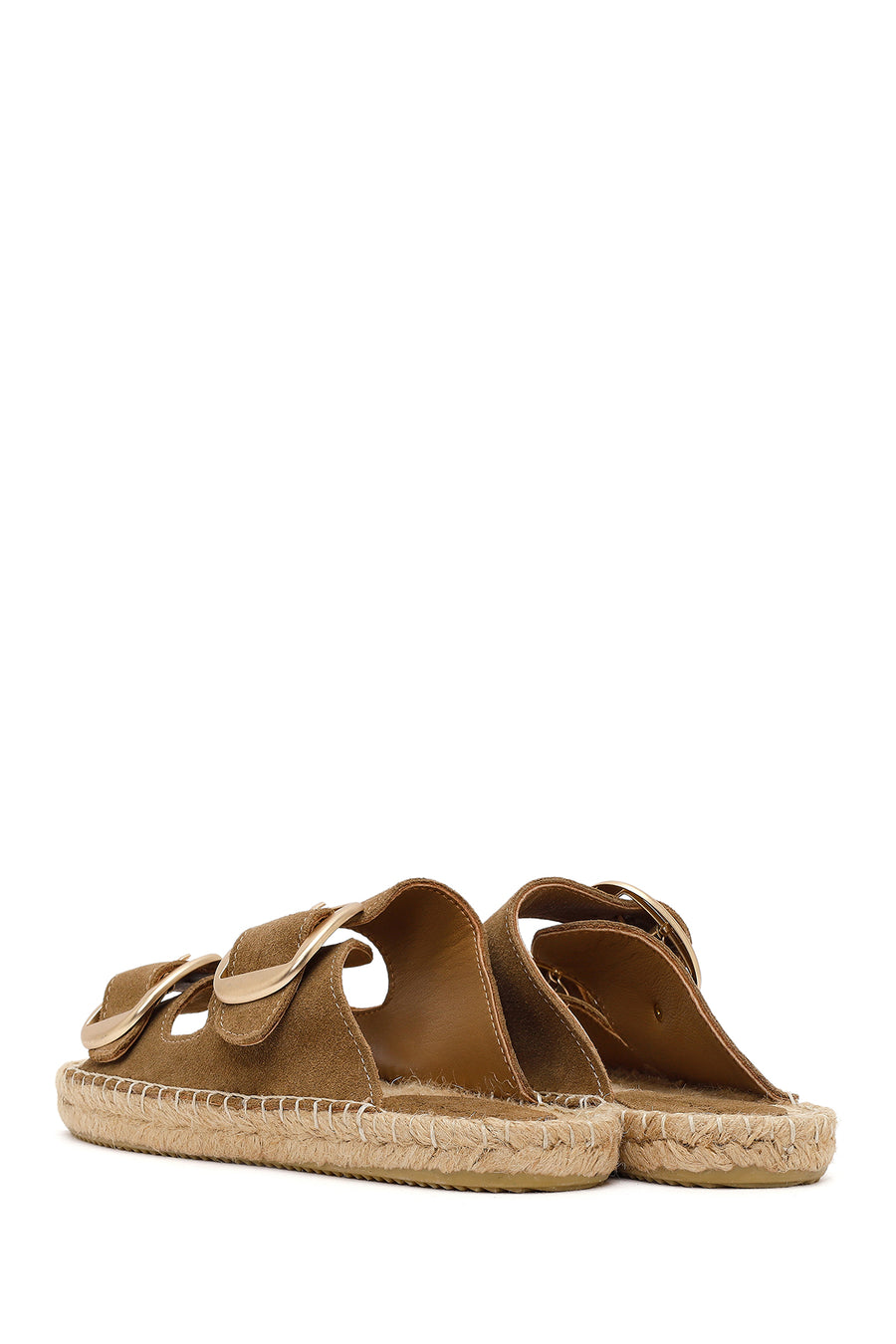 Women's Brown Buckled Suede Leather Espadrille Slippers