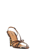 Women's Brown High Thin Heel Patterned Leather Sandals | Derimod