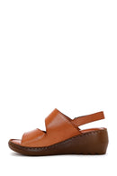 Women's Tan Leather Wedge Heel Comfort Sandals | Derimod