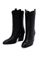 Women's Black Thick Heeled Leather Cowboy Boots | Derimod