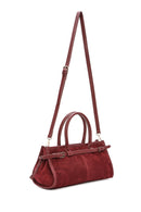 Women's Claret Red Long Strap Suede Leather Handbag | Derimod