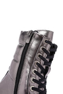 Women's Grey Zippered Metallic Leather Combat Boots | Derimod