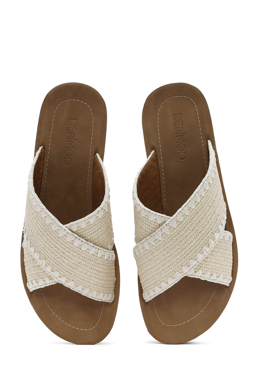 Women's Beige Thick Soled Straw Slippers