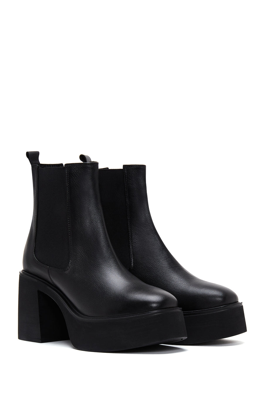 Women's Black Leather Platform Heeled Boots