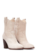 Women's Beige Suede Leather Cowboy Heeled Boots | Derimod