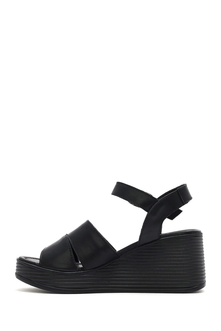 Women's Black Ankle Strap Wedge Heel Leather Sandals