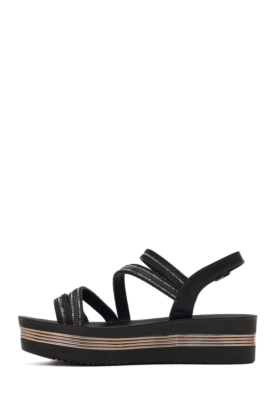 Women's Black Thick Soled Stoned Sandals