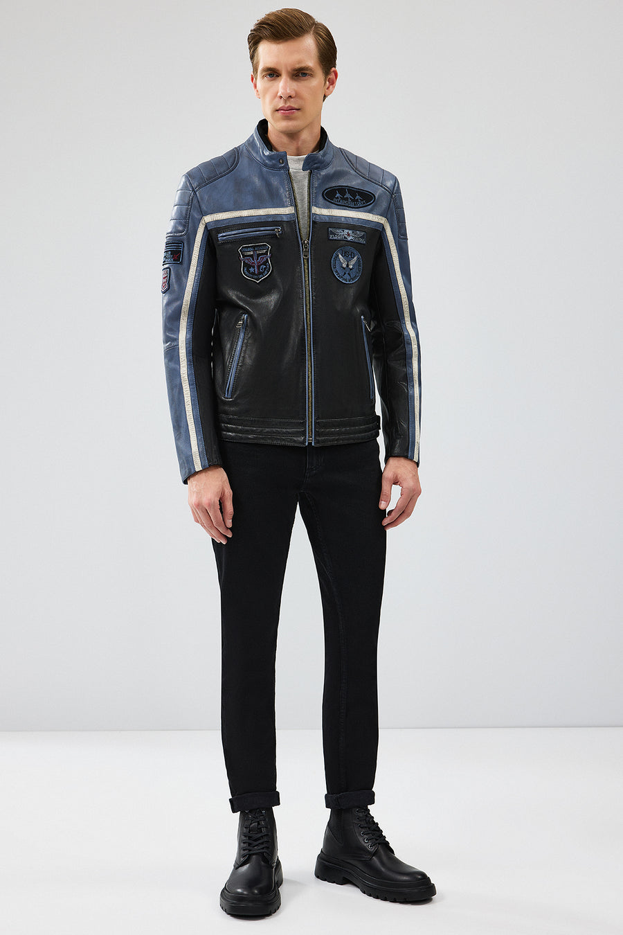 Takeoff Men's Blue Slim-Fit Leather Jacket 23WGM6511WF | Derimod