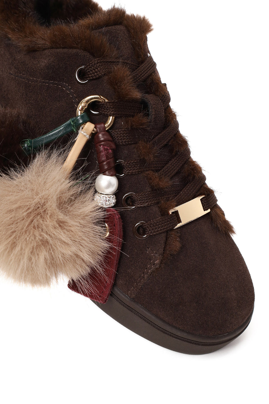 Woman Brown Lace-Up Charmed Suede Teddy Sneaker