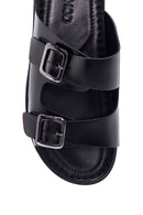 Men's Black Leather Double Buckle Slippers | Derimod