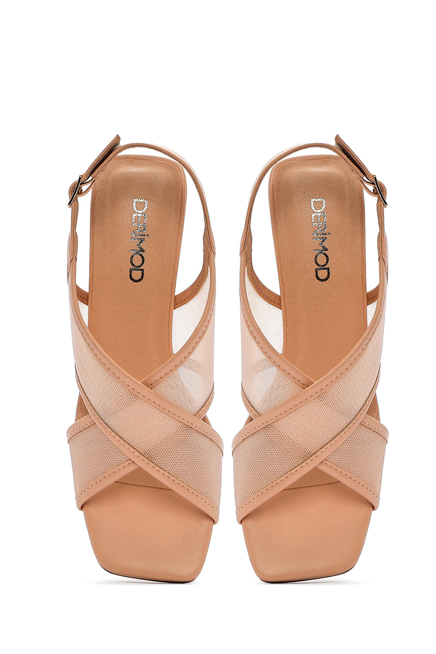 Women's Beige Fabric Sandals with Thick Heels and Buckle Ankle Straps