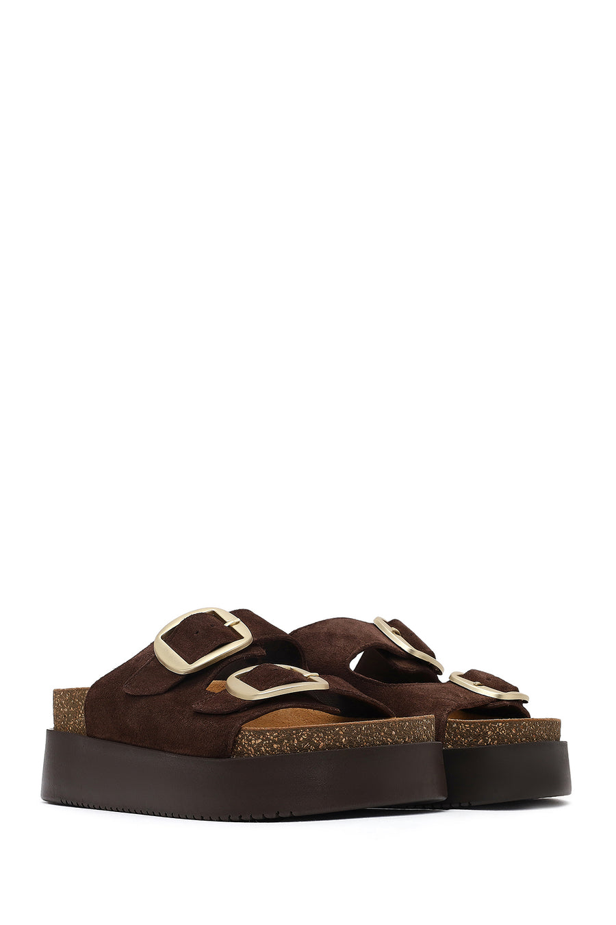 Women's Brown Double Buckle Thick Sole Suede Leather Slippers