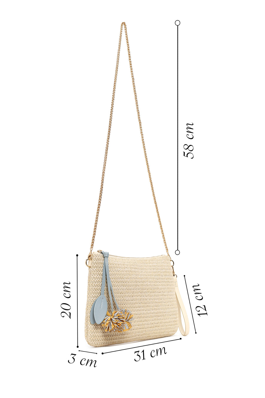Woman Light Beige Wicker Clutch Bag with Long Chain Strap
