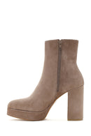 Women's Mink Thick Heeled Zippered Suede Leather Boots | Derimod