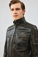 Wade Men's Green Slim-Fit Leather Coat | Derimod