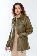 Isabel Women's Khaki Long Leather Parka | Derimod