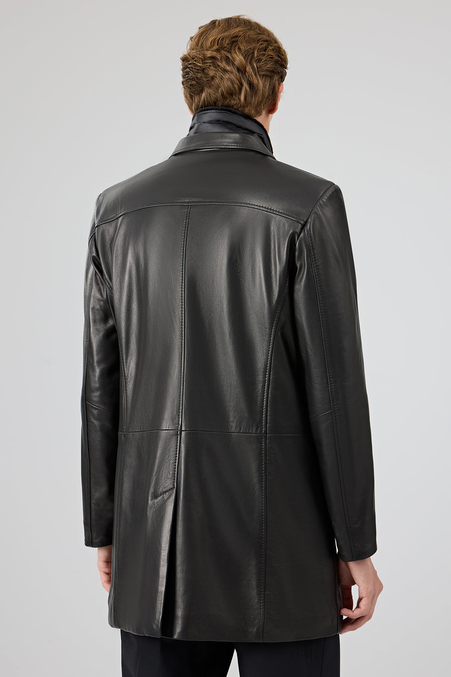 Barella Men's Black Collar Furry Leather Trench Coat
