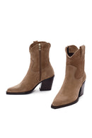 Women's Tan Zippered Suede Leather Cowboy Boots | Derimod