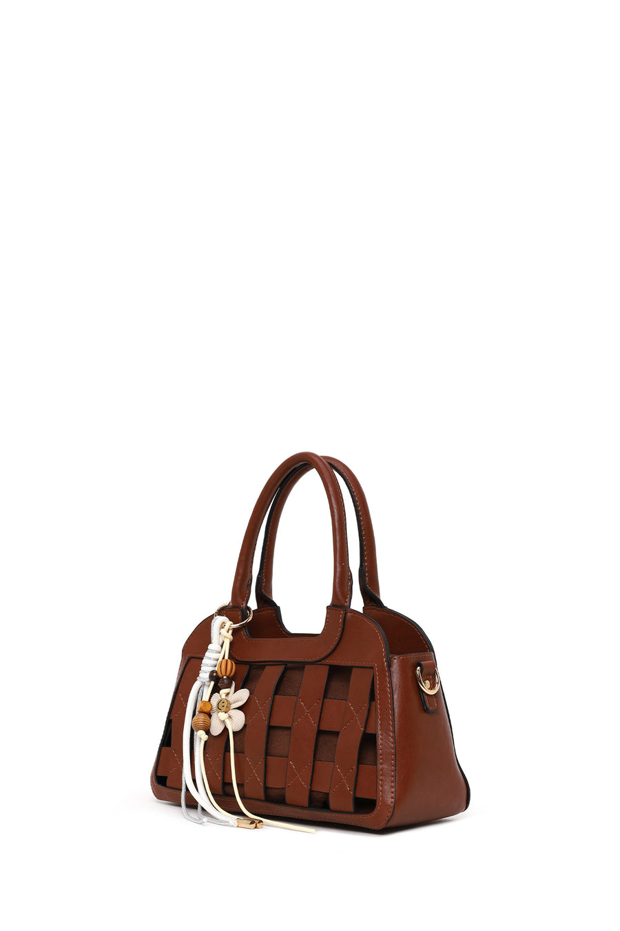 Woman Brown Long-Strap Knitted Mini Shoulder Bag
