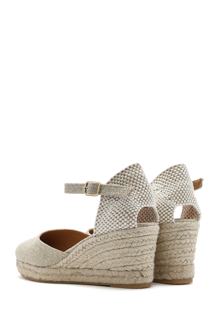 Women's Beige Ankle Buckle Wedge Heel Fabric Espadrille Sandals