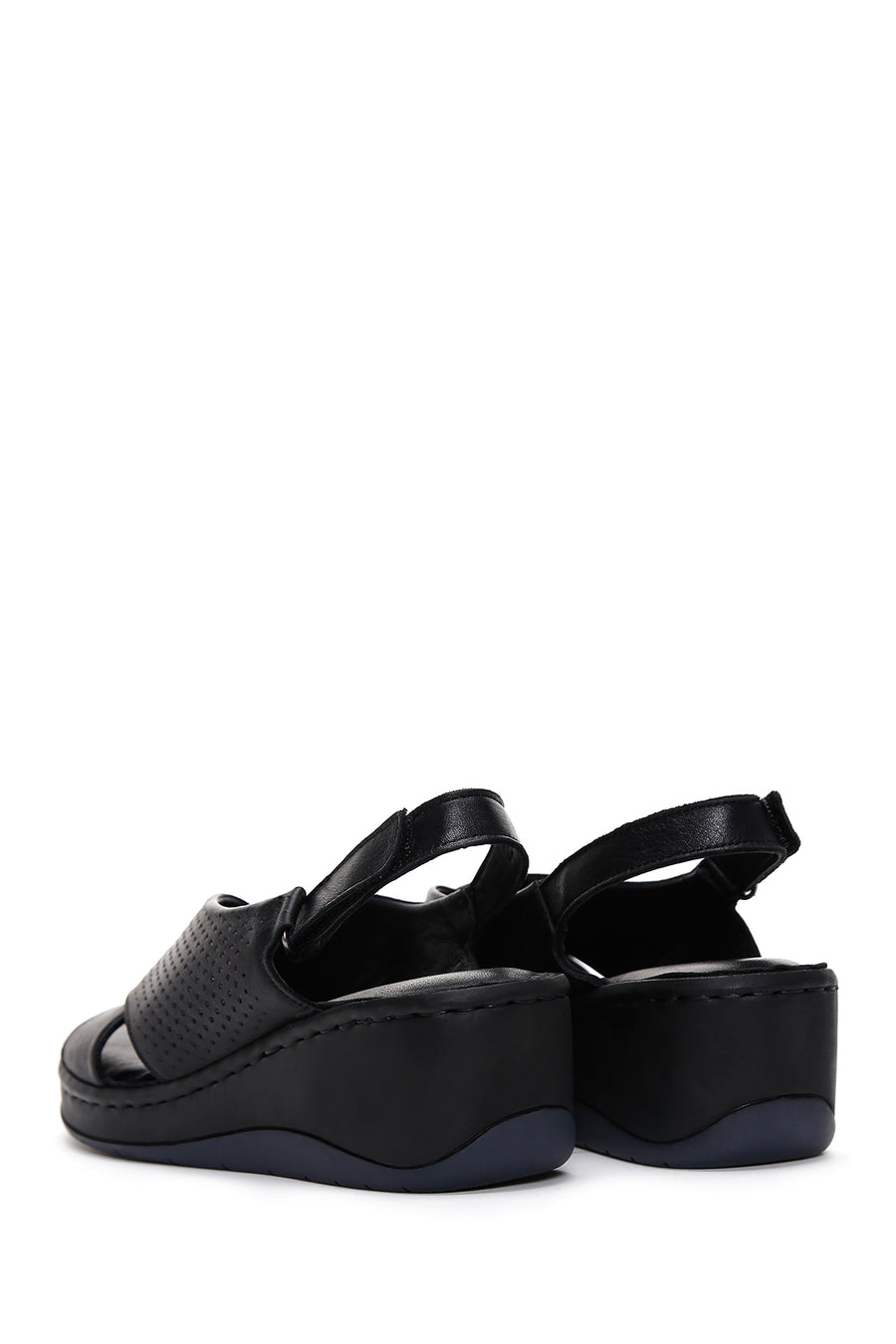 Women's Black Wedge Heeled Leather Comfort Sandals with Ankle Strap