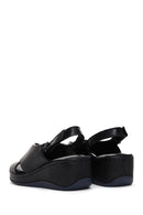 Women's Black Wedge Heeled Leather Comfort Sandals with Ankle Strap | Derimod