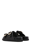 Women's Black Double Buckle Straw Slippers | Derimod