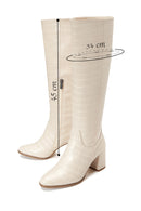 Women's Beige Crocodile Patterned Heeled Boots | Derimod