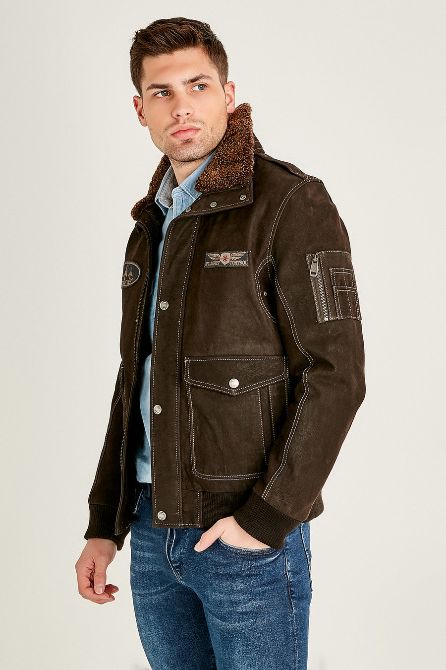 Air Force Men's Brown Fur Collared Nubuck Leather Pilot Jacket 18WGD6308KN | Derimod