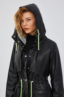 Rihanna Women's Black Hooded Leather Topcoat | Derimod