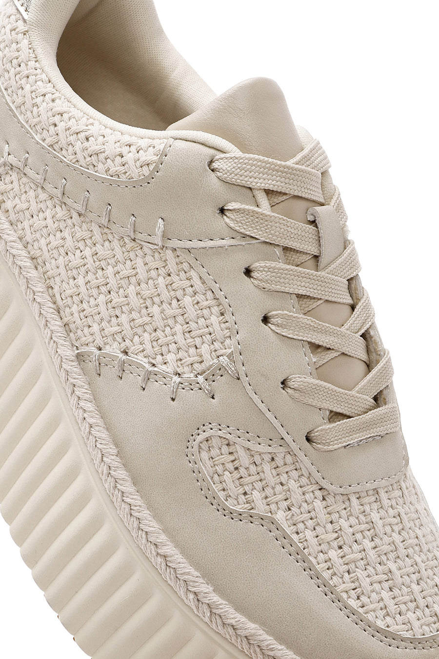 Women's Beige Lace-Up Thick-Sole Knitted Sneakers