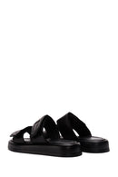 Women's Black Double-Striped Leather Comfort Slippers | Derimod