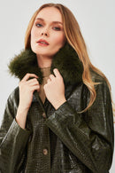 Nina Women's Green Collar Furry Oversize Printed Leather Jacket | Derimod