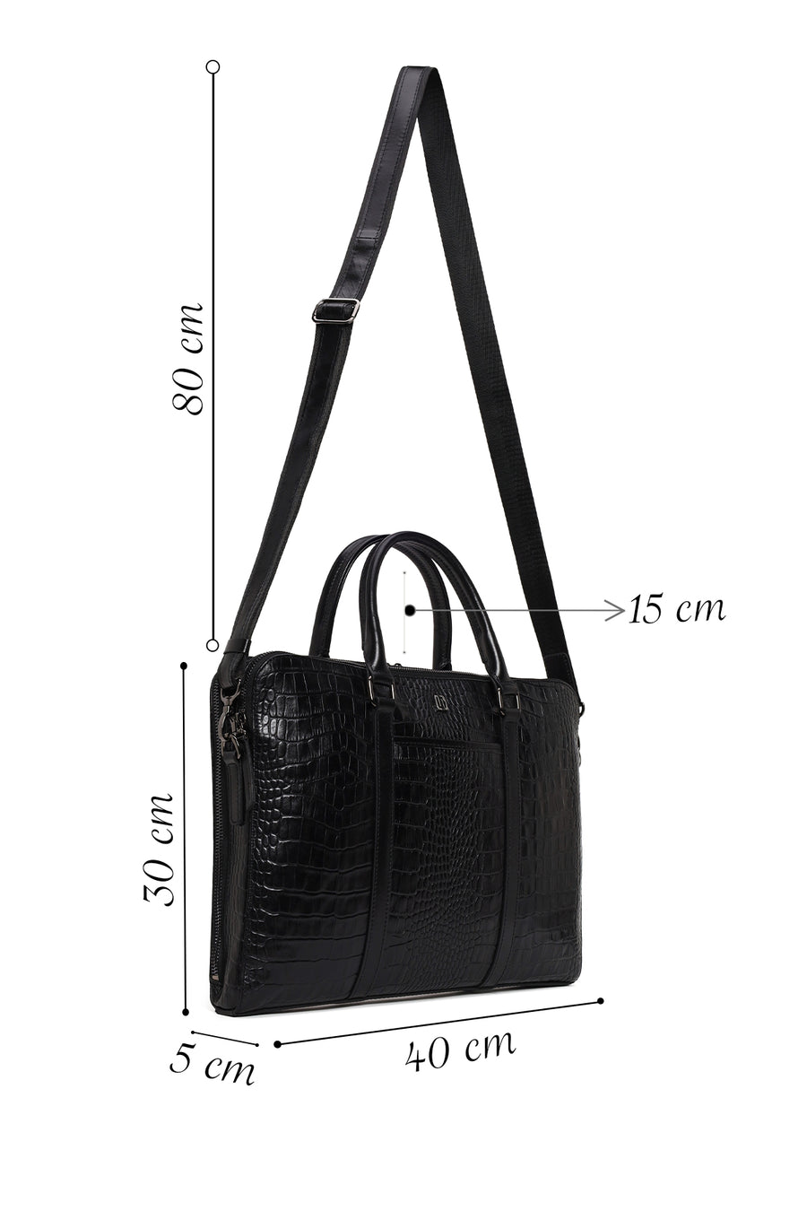 Unisex Black Long Strap Crocodile Pattern Leather Briefcase