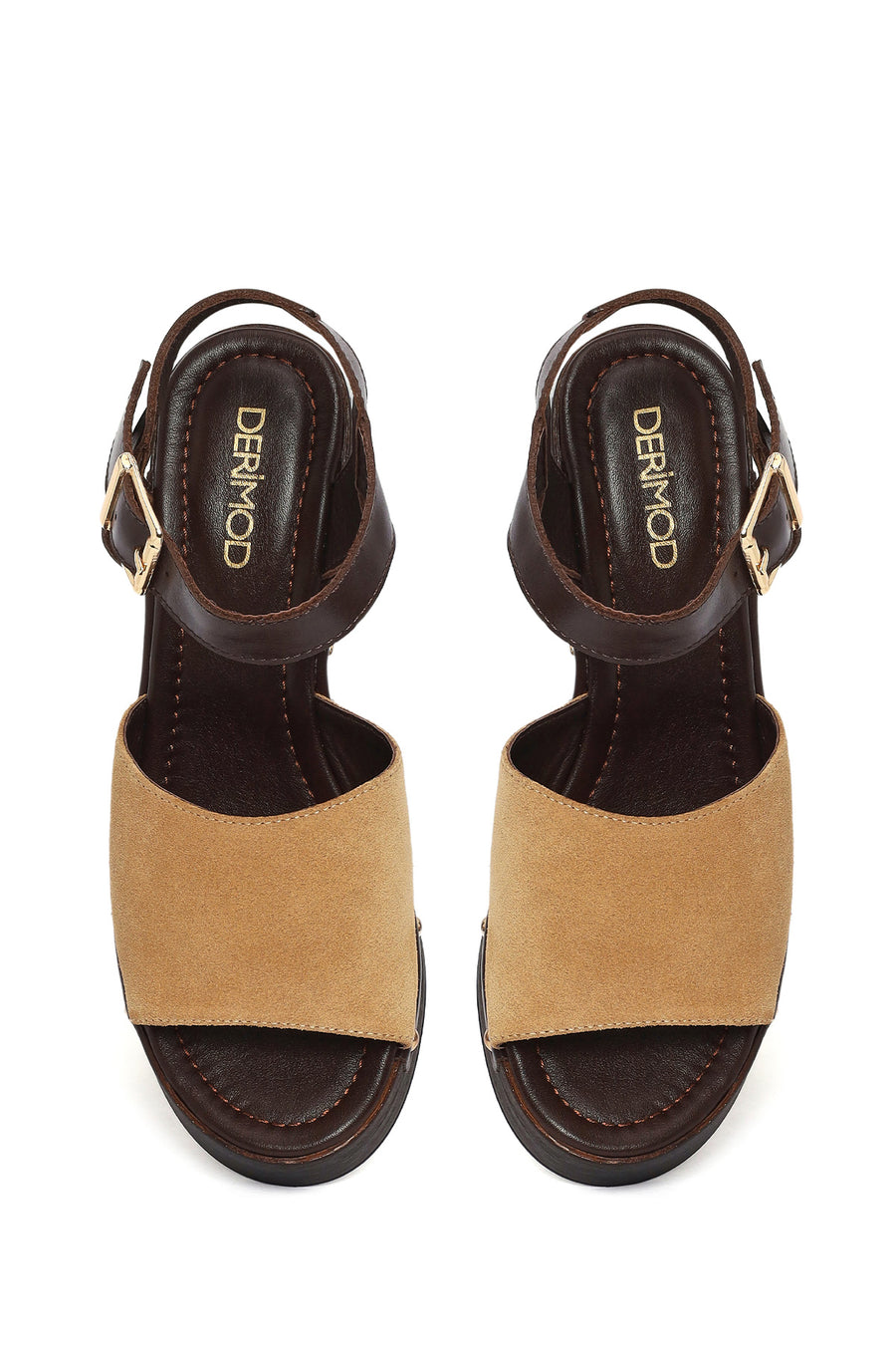 Woman Beige Ankle-Strap Buckled Thick-Heeled Suede Leather Sandals