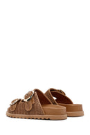 Women's Tan Double Buckle Straw Slippers | Derimod