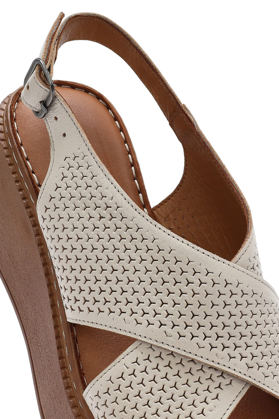 Women's Cream Ankle Strap Printed Wedge Heel Leather Comfort Sandals