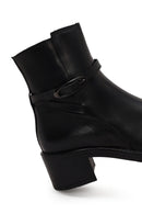 Woman Black Zip Closure Thick-Heeled Leather Boots | Derimod