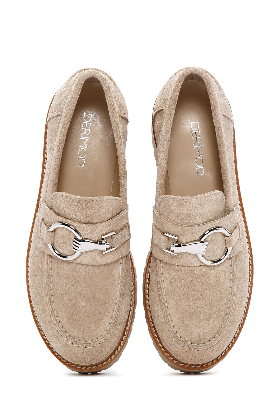 Kadın Bej Kalın Tabanlı Süet Deri Maskülen Loafer