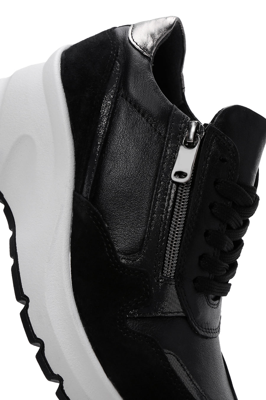 Kadın Siyah Bağcıklı Fermuar Detaylı Dolgu Topuklu Deri Sneaker