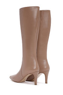 Women's Camel Zippered Thin Heeled Leather Boots | Derimod