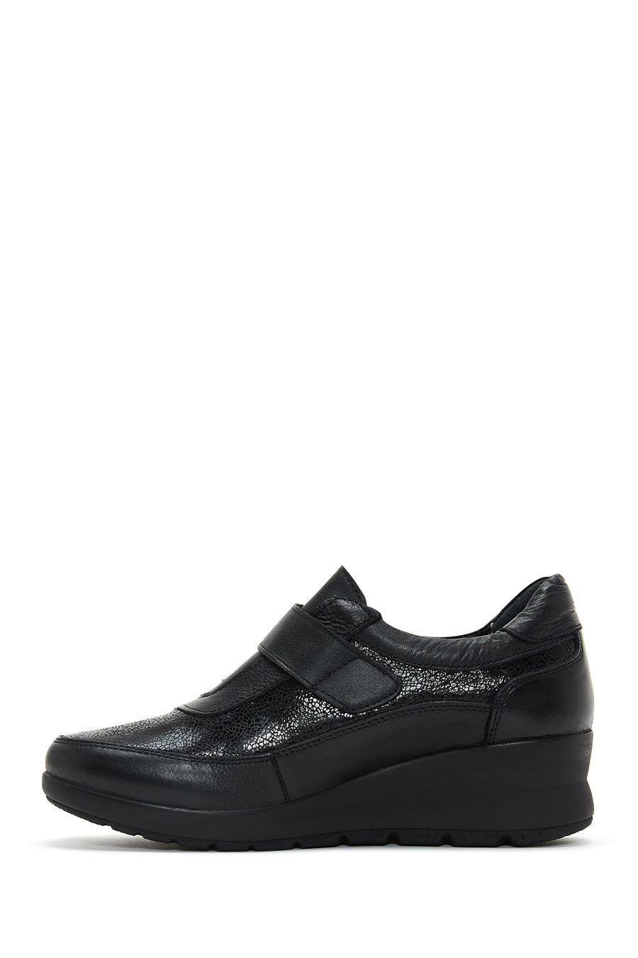 Women's Black Leather Wedge Heeled Comfort Shoes