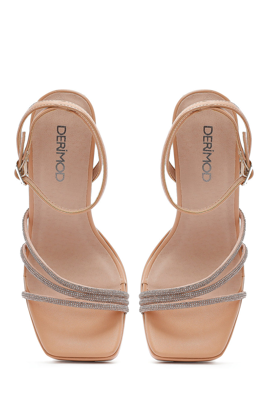Women's Beige Ankle Strap Thick High Heel Evening Sandals