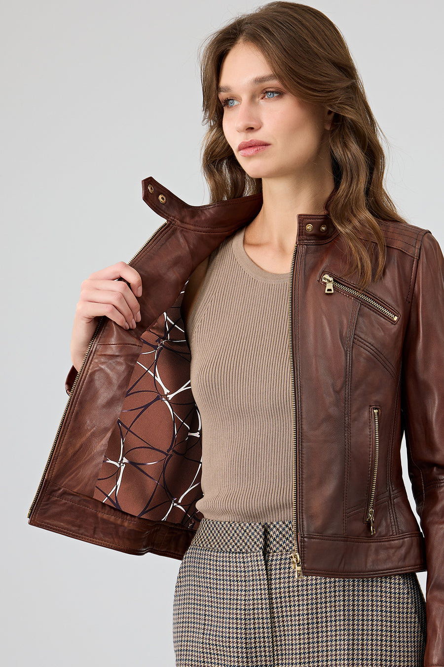 Kylie Women's Brown Mandarin Collar Leather Jacket