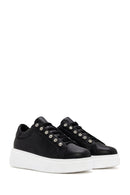 Women's Black Stone Laced Thick Soled Leather Sneakers | Derimod