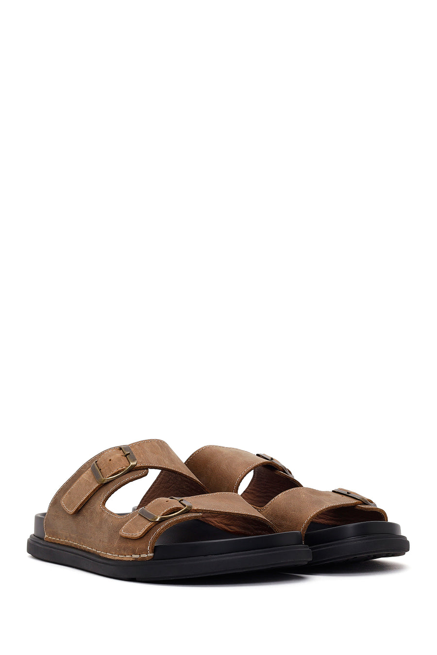 Male Beige Double-Buckle Nubuck Leather Slipper