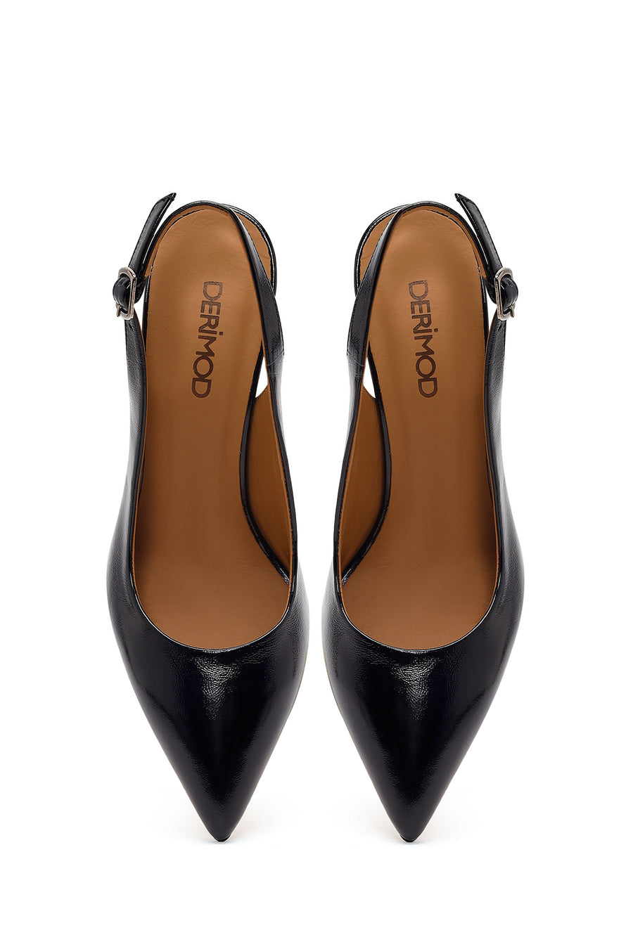 Women's Black Ankle Buckle Open Back Thin Heel Patent Leather Shoes