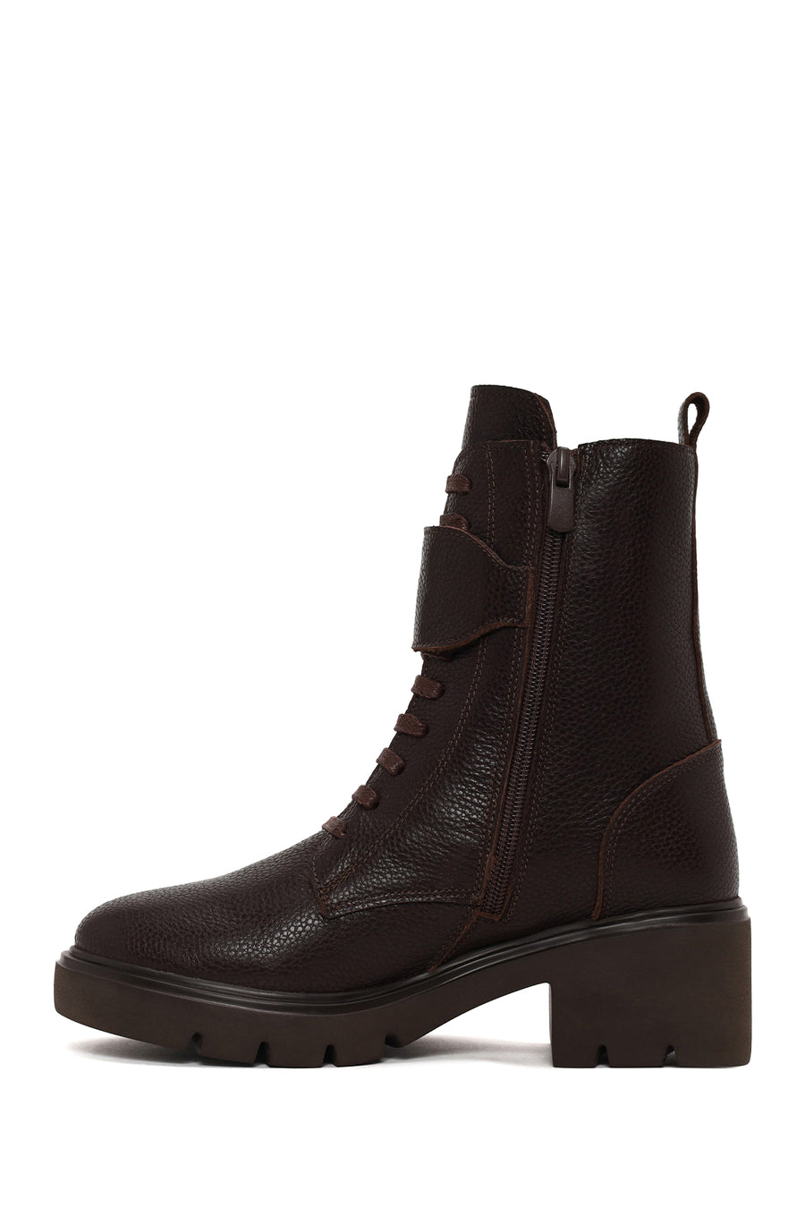 Woman Brown Zip Closure Thick-Heeled Leather Combat Boots