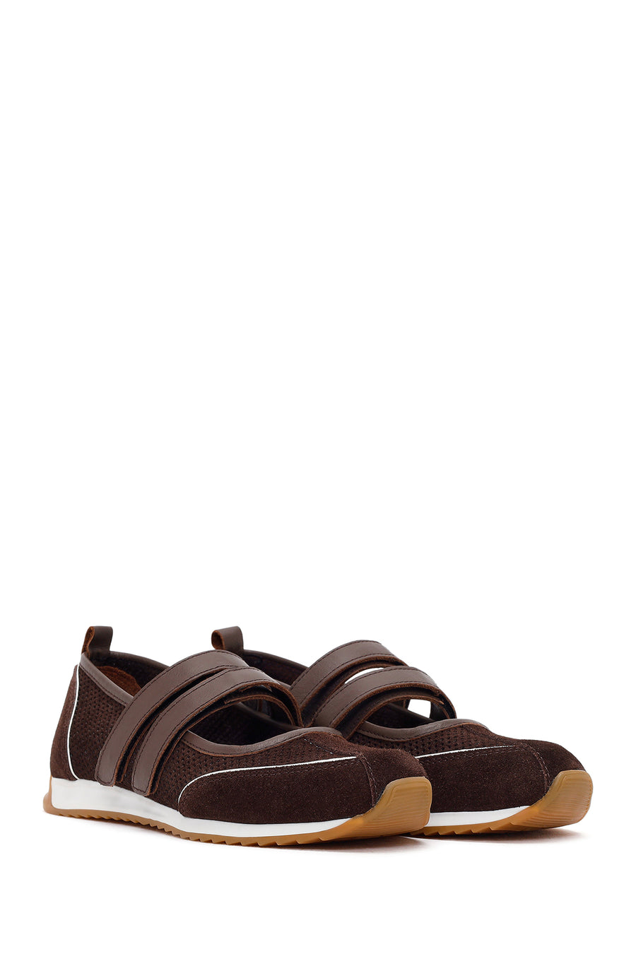 Women's Brown Strapped Suede Leather Ballet Flats